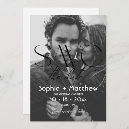 Modern Black and White  Wedding Photo Save The Date (Voorkant / Achterkant)