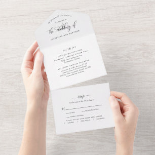Modern Black and White Wedding w/ Perforated RSVP  All In One Uitnodiging