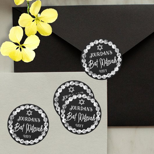 Modern Black Bat Mitzvah Envelope Seal Ronde Sticker