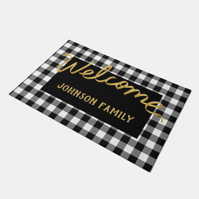 Modern Black & Black Buffalo Check Welkom Doormat Deurmat (Schuin)
