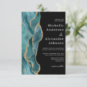 Modern Black Blauwgroen Agate Gold Glitter Wedding Kaart (Staand voorkant)