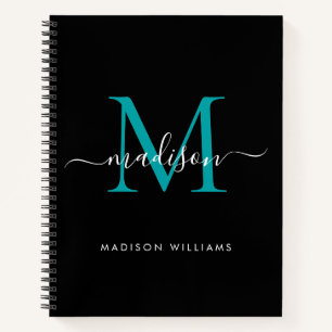 Modern Black Blauwgroen Green Girly Monogram Scrip Notitieboek