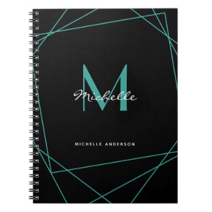 Modern Black Blauwgroen Monogram Name Initiaal Scr Notitieboek