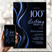 Modern Black Blue 100th Birthday Party Kaart