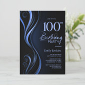 Modern Black Blue 100th Birthday Party Kaart (Staand voorkant)