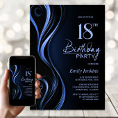Modern Black Blue 18th Birthday Party Kaart