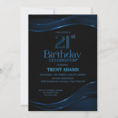 Modern Black Blue 21st Birthday Party Kaart (Voorkant)