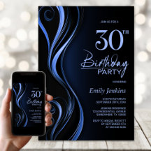Modern Black Blue 30th Birthday Party