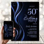 Modern Black Blue 50th Birthday Party Kaart
