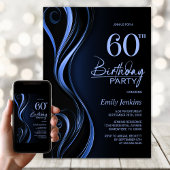 Modern Black Blue 60th Birthday Party Kaart