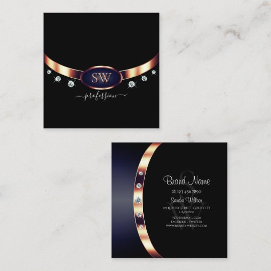 Modern Black Blue Roos Gold met Monogram Diamonds Vierkante Visitekaartje (Voorkant / Achterkant)
