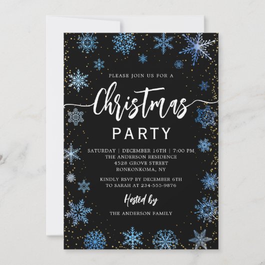 Modern Black Blue Snowflakes kerst Kaart (Voorkant)