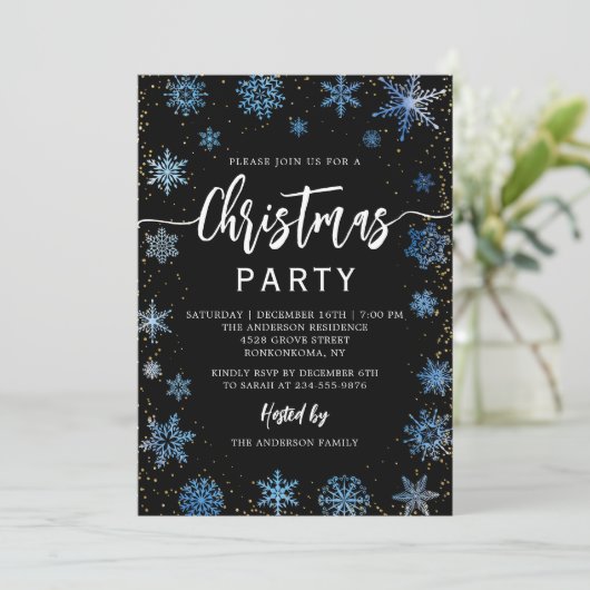 Modern Black Blue Snowflakes kerst Kaart (Staand voorkant)