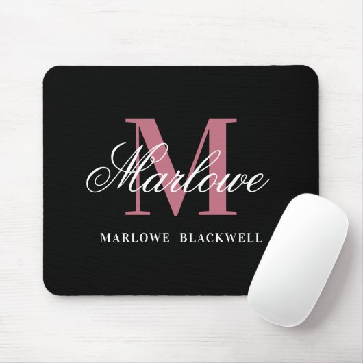 Modern Black Blush Pink Monogram Script Muismat (Met muis)
