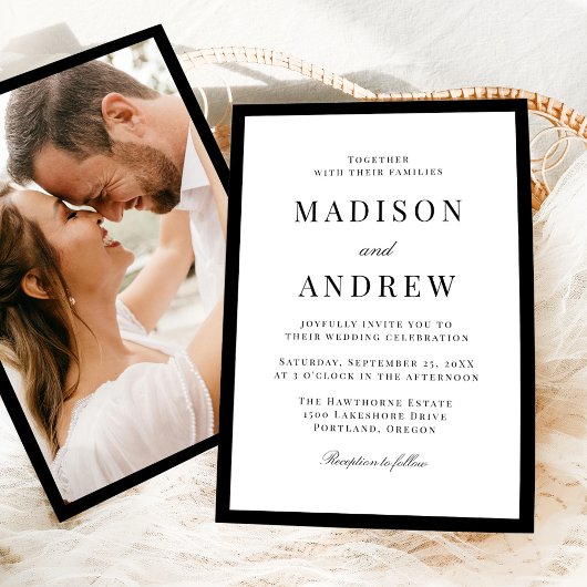 Modern Black Border Photo Wedding Kaart