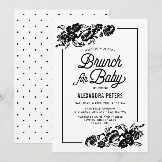 Modern Black Botanical Baby shower Brunch Kaart (Voorkant / Achterkant)