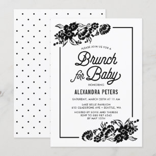 Modern Black Botanical Baby shower Brunch Kaart