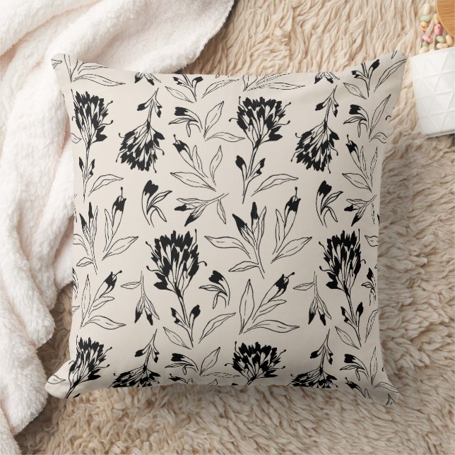 Modern Black Botanical Floral Sketch Pattern Kussen (Deken)