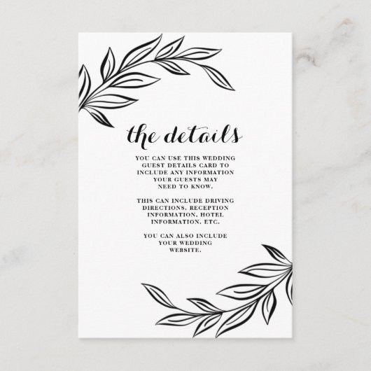 Modern Black Botanical Wedding Guest Details Kaart (Voorkant)