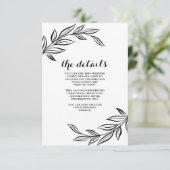 Modern Black Botanical Wedding Guest Details Kaart (Staand voorkant)