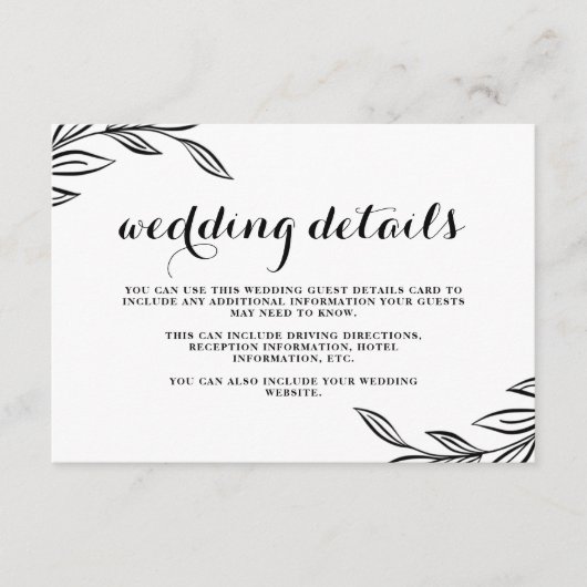 Modern Black Botanical Wedding Guest Details Kaart (Voorkant)