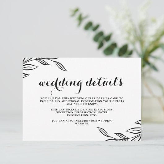 Modern Black Botanical Wedding Guest Details Kaart (Staand voorkant)