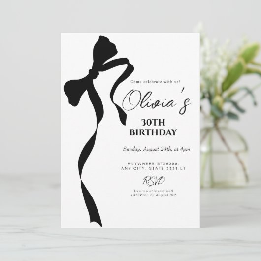 Modern black bow 30th birthday party invitation kaart (Staand voorkant)