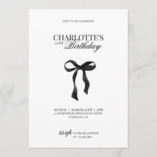 Modern Black Bow Birthday Invitation Kaart (Voorkant)