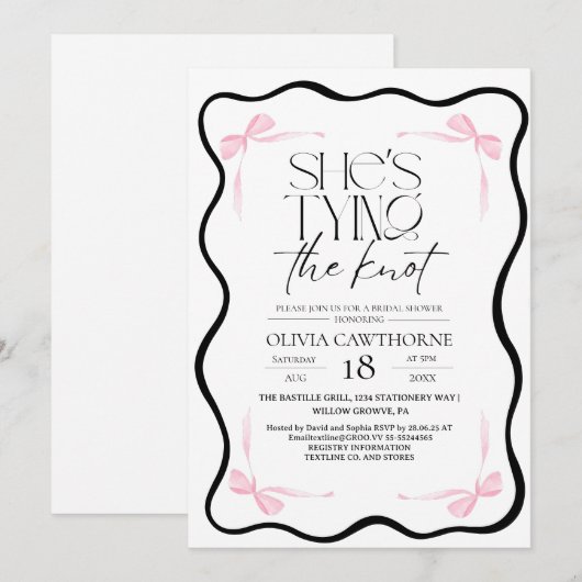Modern Black Bow  Bridal Shower Invitation Kaart (Voorkant / Achterkant)