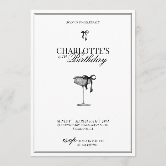 Modern Black Bow Champagne Birthday Invitation Kaart (Voorkant)