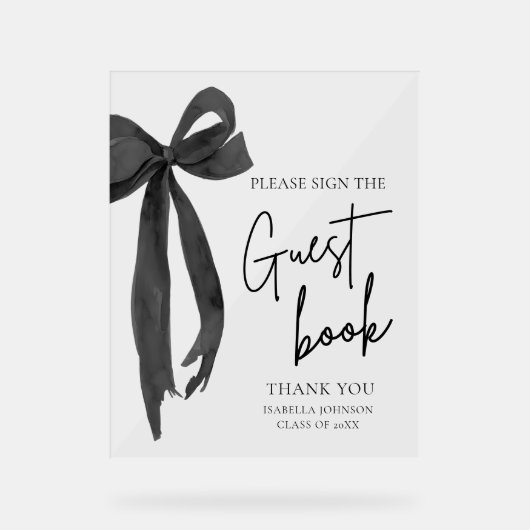 Modern Black Bow Graduation Party Gastboek Teken Acryl Bord (Voorkant)
