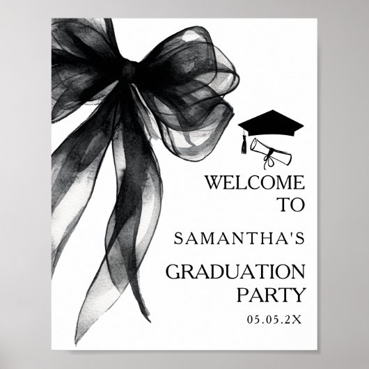 Modern Black Bow Graduation Party Welkomstbord Poster (Voorkant)