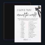 Modern Black Bow Ik hou van je rond de wereld spel Kaart<br><div class="desc">ANTWOORDSLEUTEL: 1. M 2.K 3.E 4.A 5.B 6.G 7.D 8.C 9.H 10.L 11.F 12.I 13.J _________________________________ Voeg een leuke en interactieve touch toe aan uw vrijgezellenfeest met deze moderne zwarte boog "I Love You Around the World" game 🖤🎀! Gasten zullen proberen om verschillende manieren om te zeggen "Ik hou van...</div>