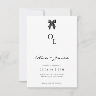 Modern Black Bow Monogram Wedding Invitation Kaart