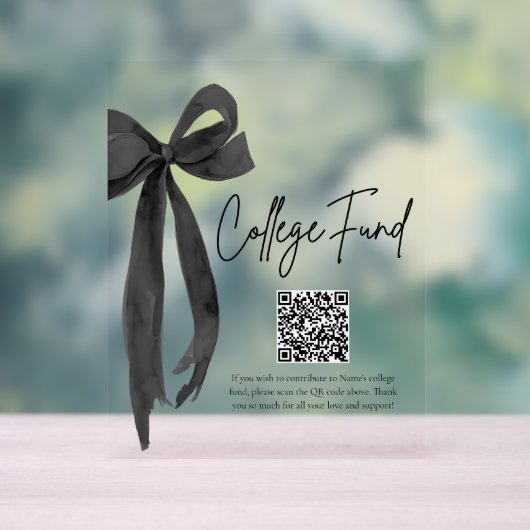 Modern Black Bow QR Code College Fund Afstuderen Acryl Bord (Neutraal)