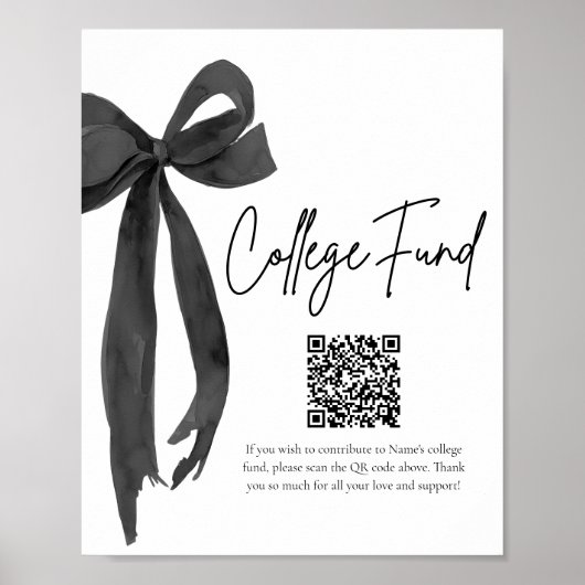 Modern Black Bow QR Code College Fund Afstuderen Poster (Voorkant)