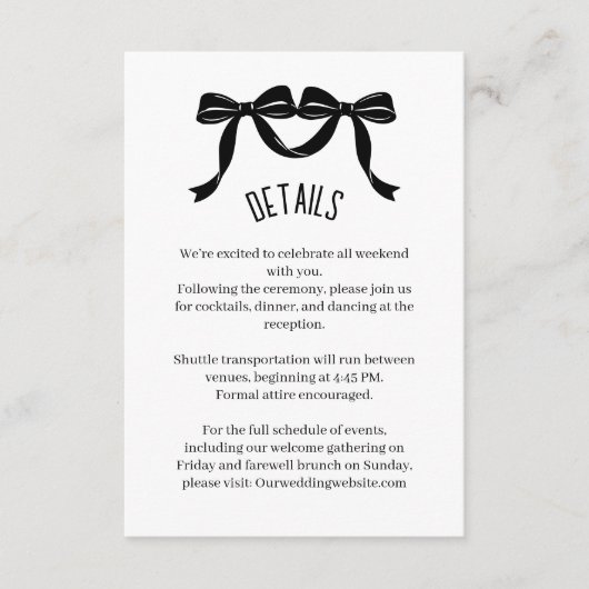 Modern Black bow Wedding Details Enclosure Card Informatiekaartje (Voorkant)