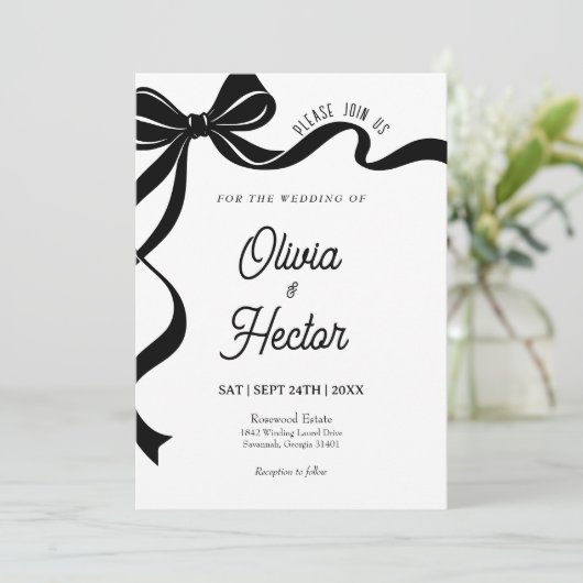 Modern Black Bow Wedding Invitation  Kaart (Staand voorkant)