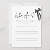 Modern Black Bow Who Am I Vrijgezellenfeest Game K Kaart (Voorkant)