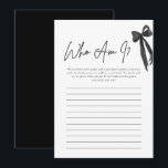 Modern Black Bow Who Am I Vrijgezellenfeest Game K Kaart<br><div class="desc">Voeg wat gelach en mysterie toe aan je vrijgezellenfeest met de Modern Black Bow Who Am I? Spel! 🎀💍✨ Dit leuke en elegante spel heeft een chique zwarte strik en een stijlvol script, perfect voor een verfijnde viering. 🖤 Gasten zullen een leuk feit over zichzelf schrijven, en de bruid zal...</div>