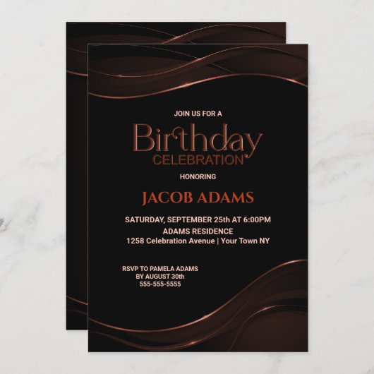 Modern Black Brown Birthday Party Invitation Kaart (Voorkant / Achterkant)