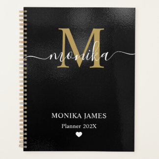 Modern Black Brushed Metal Gold Heart Monogram Planner
