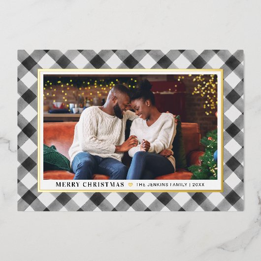 Modern Black Buffalo kerstfoto Folie Feestdagenkaart (Voorkant)