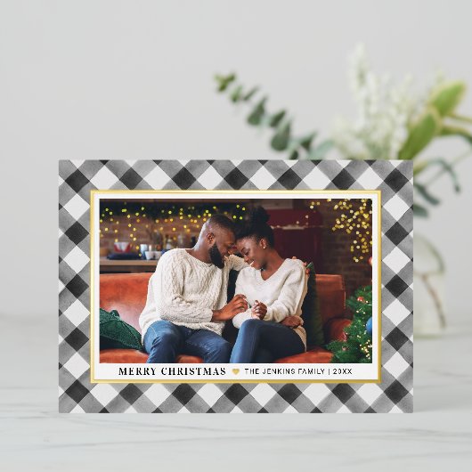 Modern Black Buffalo kerstfoto Folie Feestdagenkaart (Staand Voorkant)