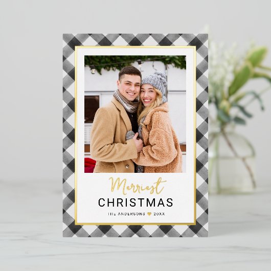 Modern Black Buffalo kerstfoto Folie Feestdagenkaart (Staand Voorkant)