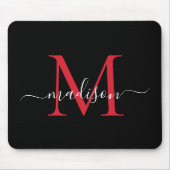 Modern Black Burgundy Red Monogram Girly Script Muismat (Voorkant)