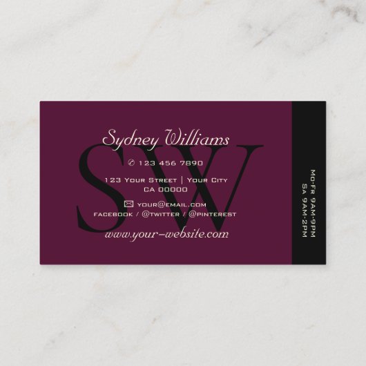 Modern Black Burgundy White — groot monogram legan Visitekaartje (Achterkant)