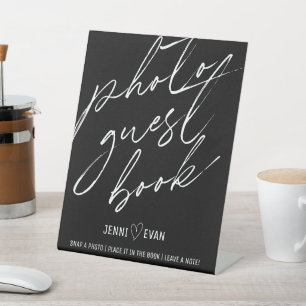 Modern Black Calligraphic Photo Guest Book Wedding Reclamebord Met Voetstuk