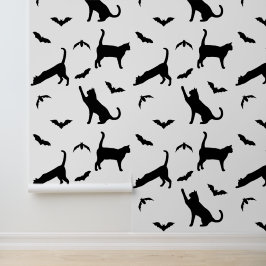 Modern Black Cats And Bats Pattern Cute Halloween Behang
