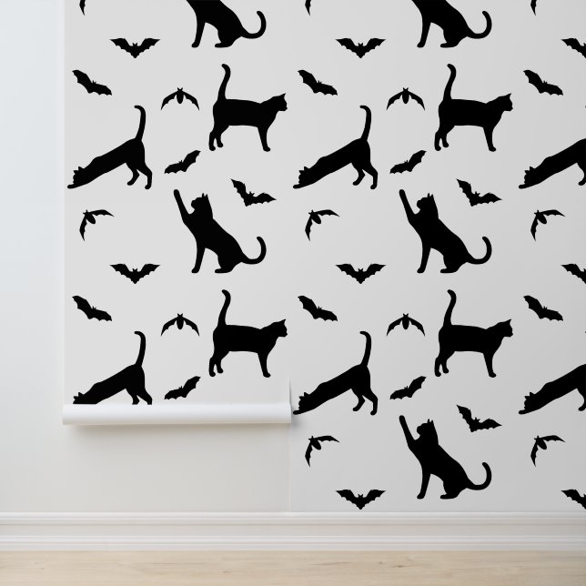 Modern Black Cats And Bats Pattern Cute Halloween Behang (Applicatie)